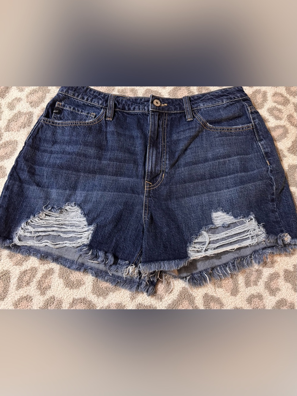 KanCan Dark Blue Distressed Frayed Hem Denim Shorts